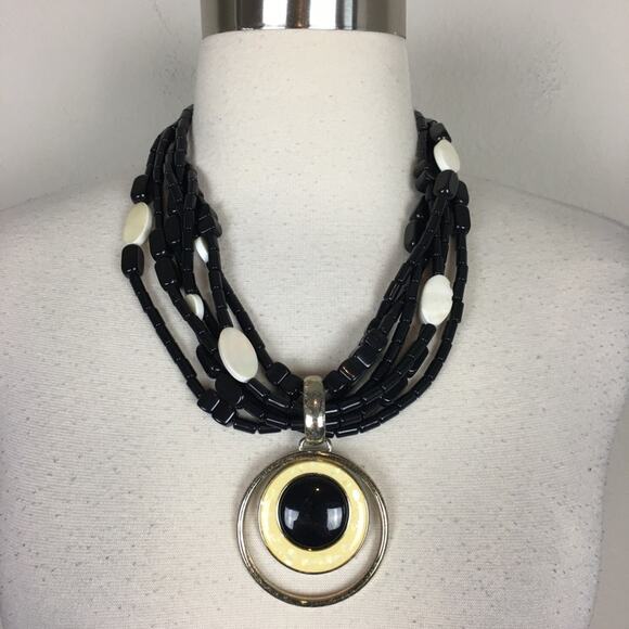 Chico's Black Beaded Medallion Necklace one size - Picture 1 of 7